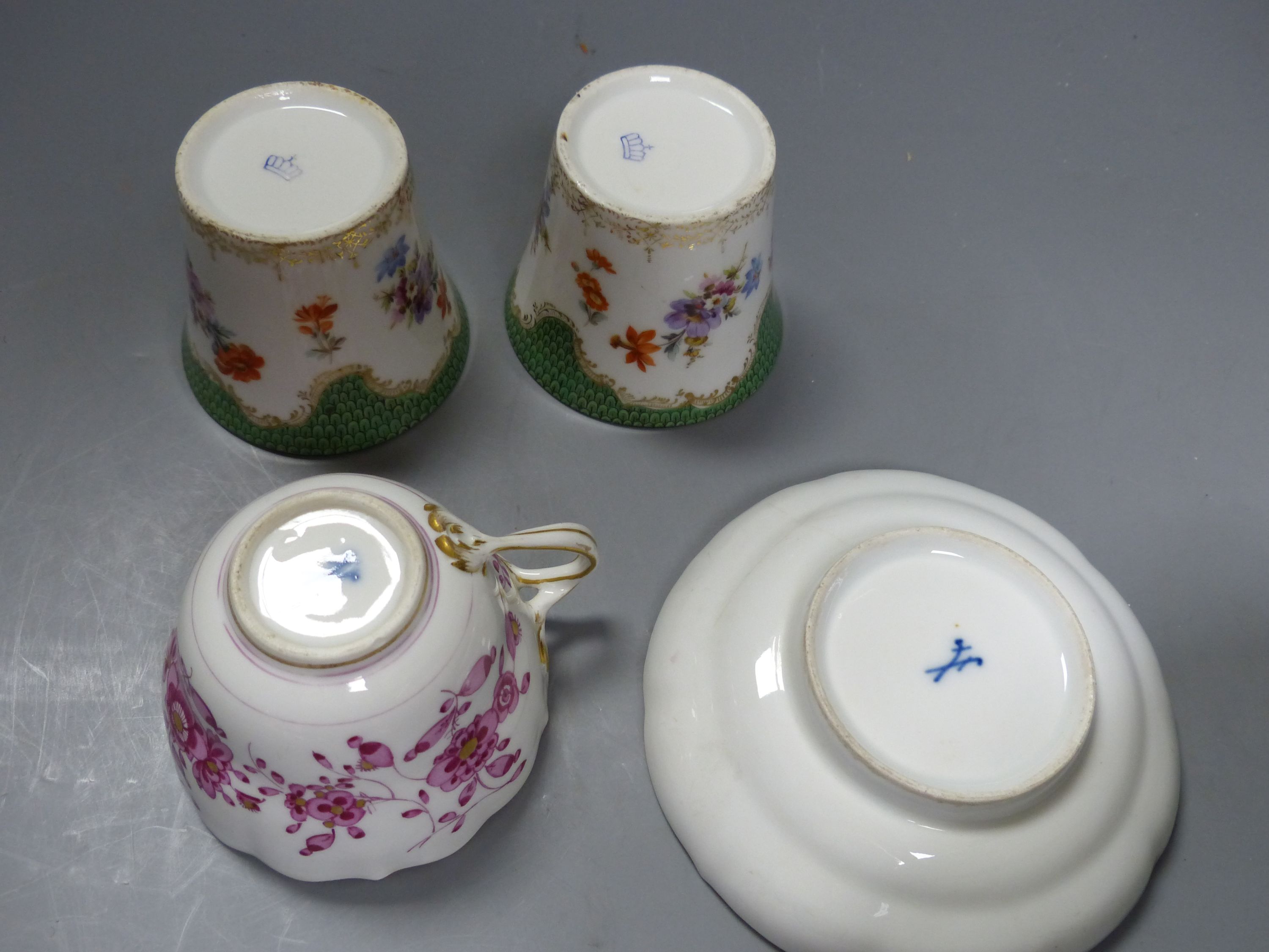 A Meissen tea cup and saucer, an English porcelain bowl and two other pieces, largest diameter 30cm